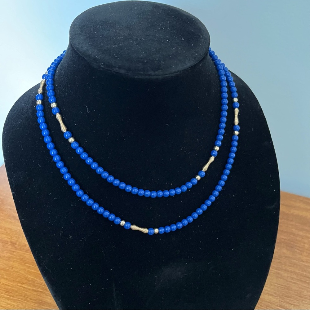 Vintage long blue gold bead necklace